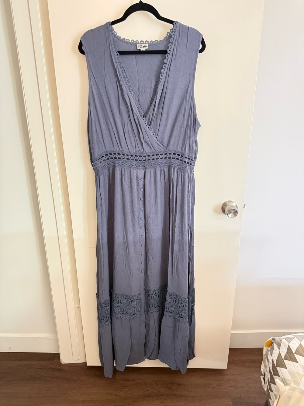 Lavender-Blue Sleeveless Maxi Dress with Crochet Trim
